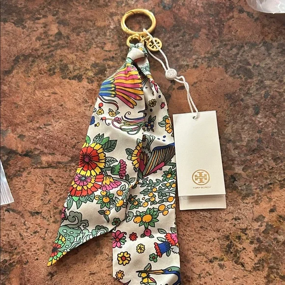 Tory Burch Floral Silk Scarf Keychain - Gold and Multicolor - Picture 1 of 3